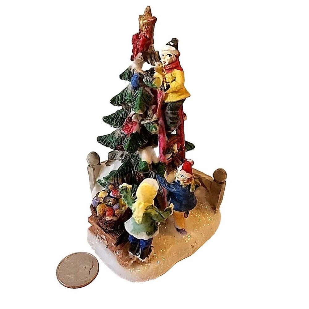 Christmas Village Accessory Children Trimming the Tree 4 Inches Tall